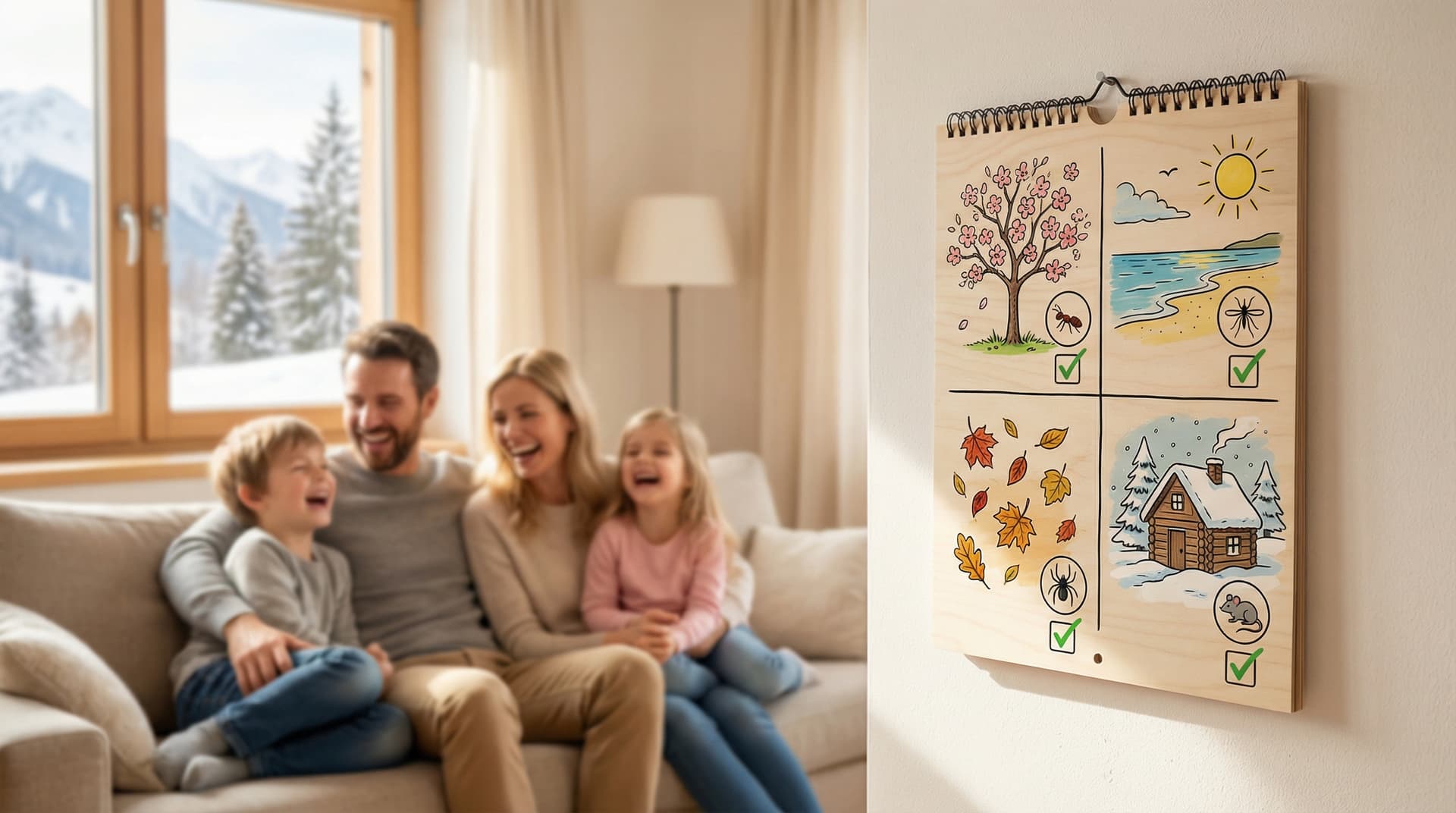 Happy Idaho family in pest-free home - quarterly pest control benefits