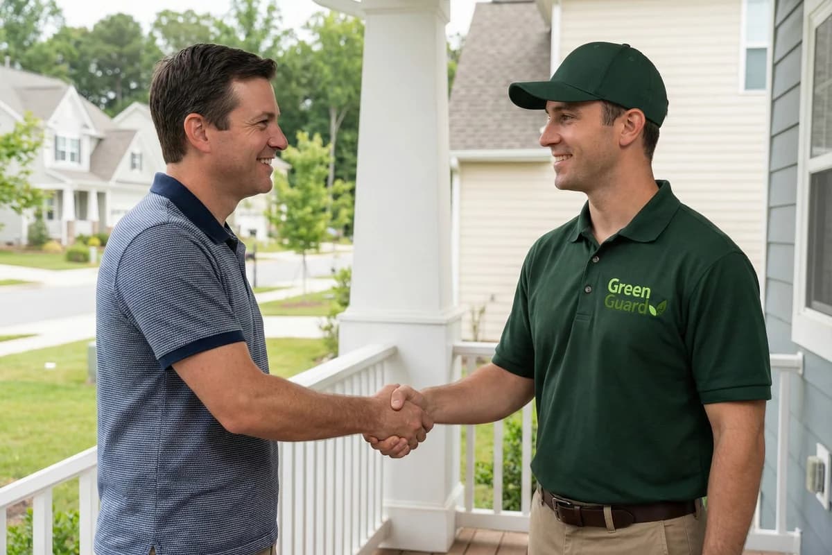 Green Guard technician greeting customer