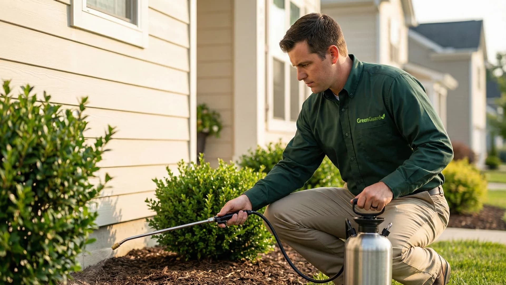 Green Guard technician treating home perimeter
