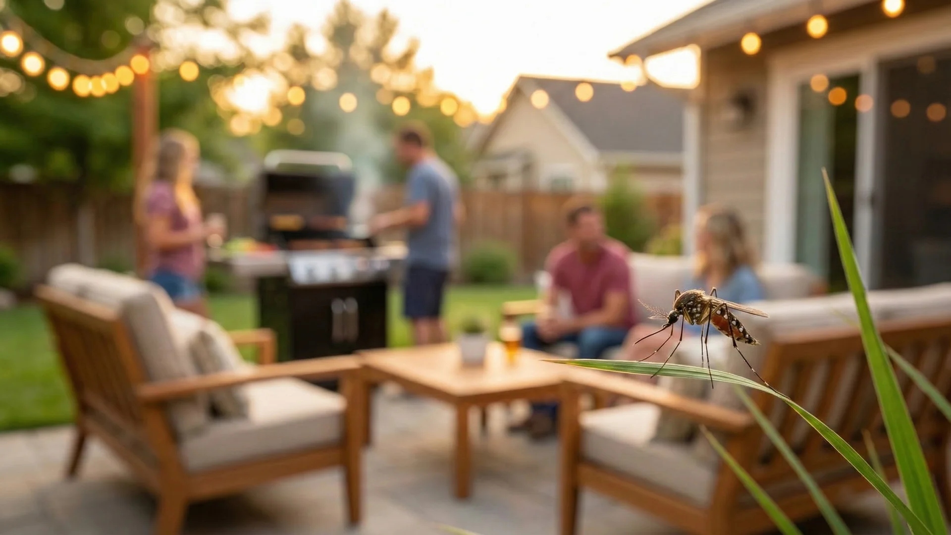 Mosquito in backyard with family BBQ - mosquito control protects your outdoor living in Boise