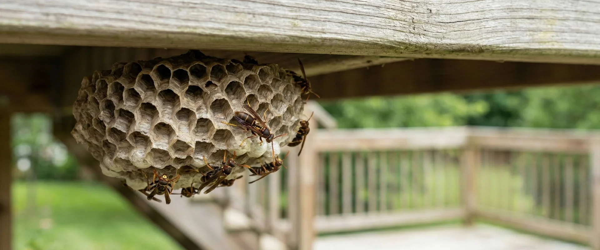 Paper wasp nest under deck eave - wasp and hornet removal in Boise